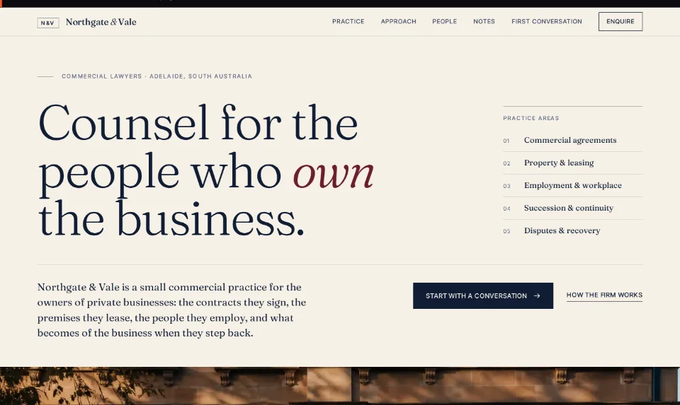 Northgate & Vale's front page: 'Counsel for the people who own the business' beside an index of practice areas, in serif type on warm paper