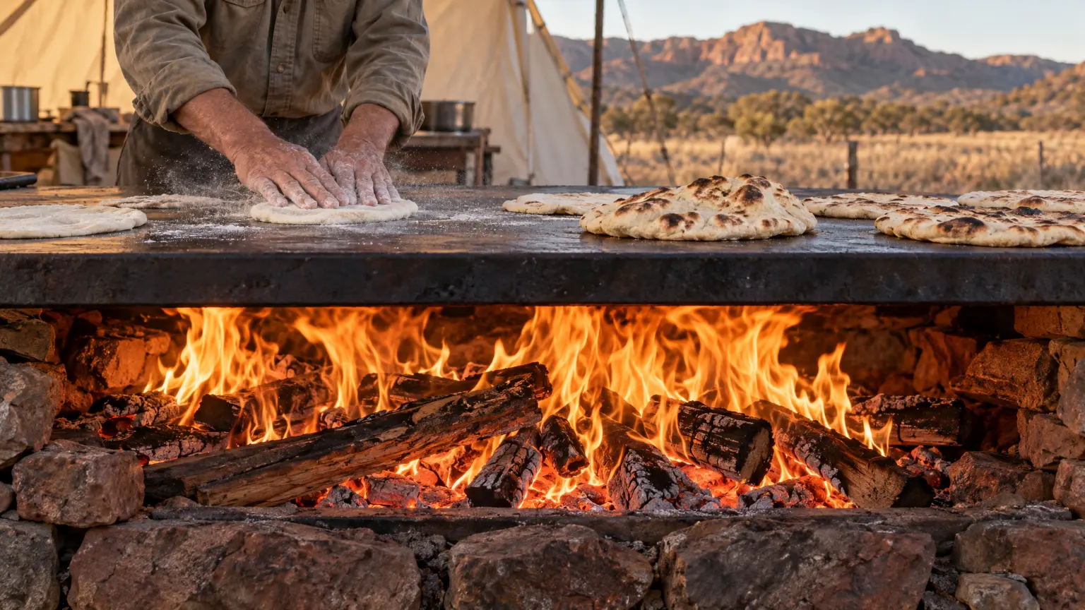 Flatbread on a long steel plate over a stone firebox by the kitchen tent, a pair of floured hands pressing out a round of dough, the ranges behind.