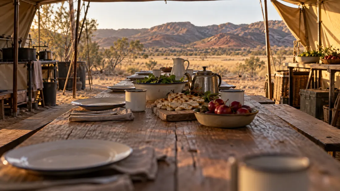 The long table in the kitchen tent, set with enamel plates and bread, open at the far end to the hills in late light.