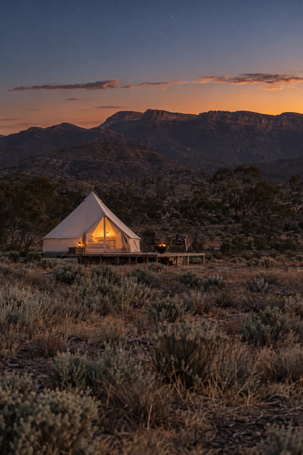 A lantern-lit bell tent far across a paddock at dusk, a small fire burning on its deck.