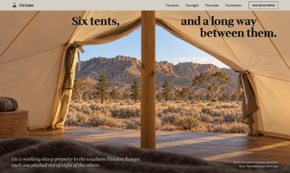 The front page: the ranges through a canvas tent's open door, the headline hung from the centre pole