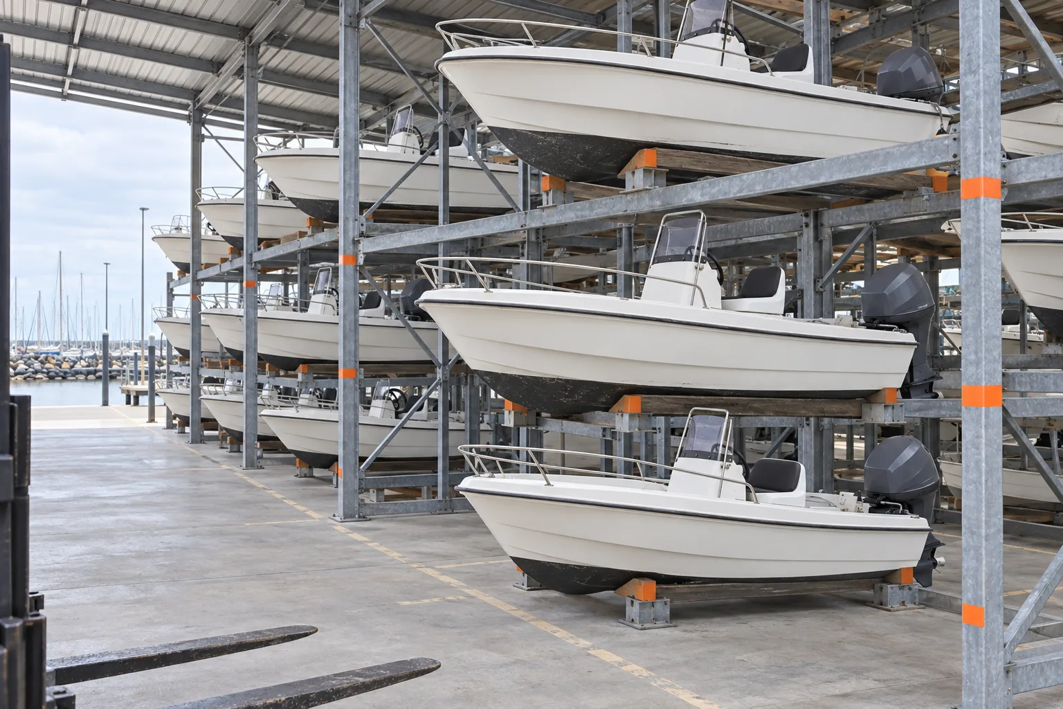 Small white runabouts racked three high in the open-sided dry-stack shed, orange tape on the steel uprights.