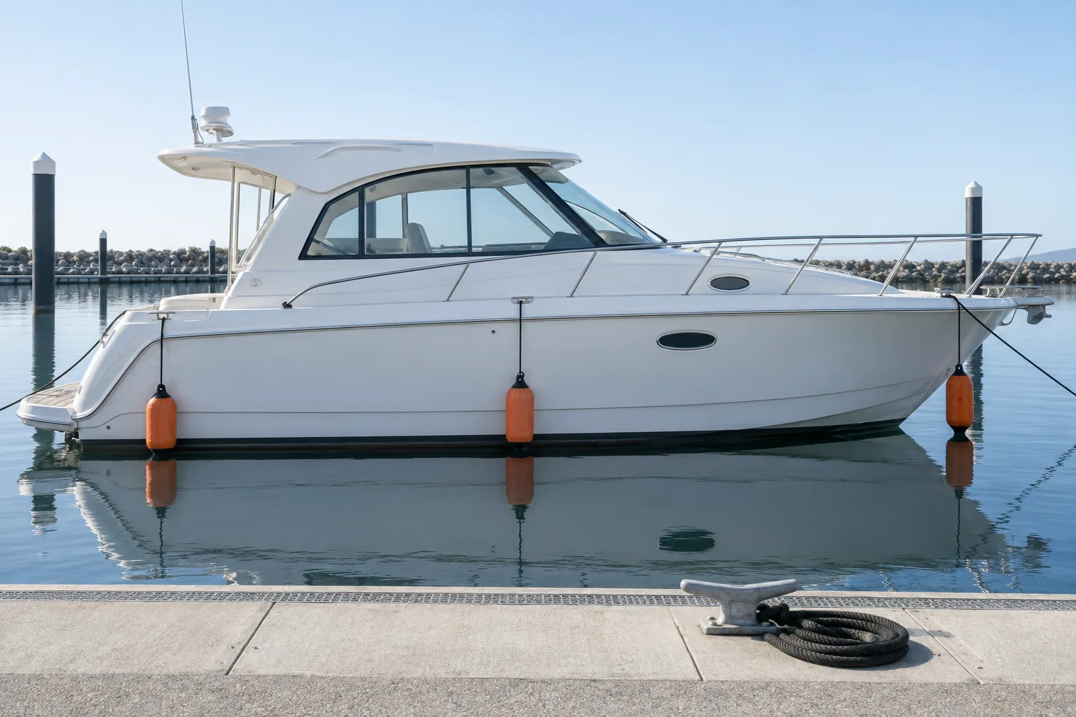 The Bay 11 hardtop cruiser tied up side-on at a concrete pontoon, orange fenders between hull and pontoon.