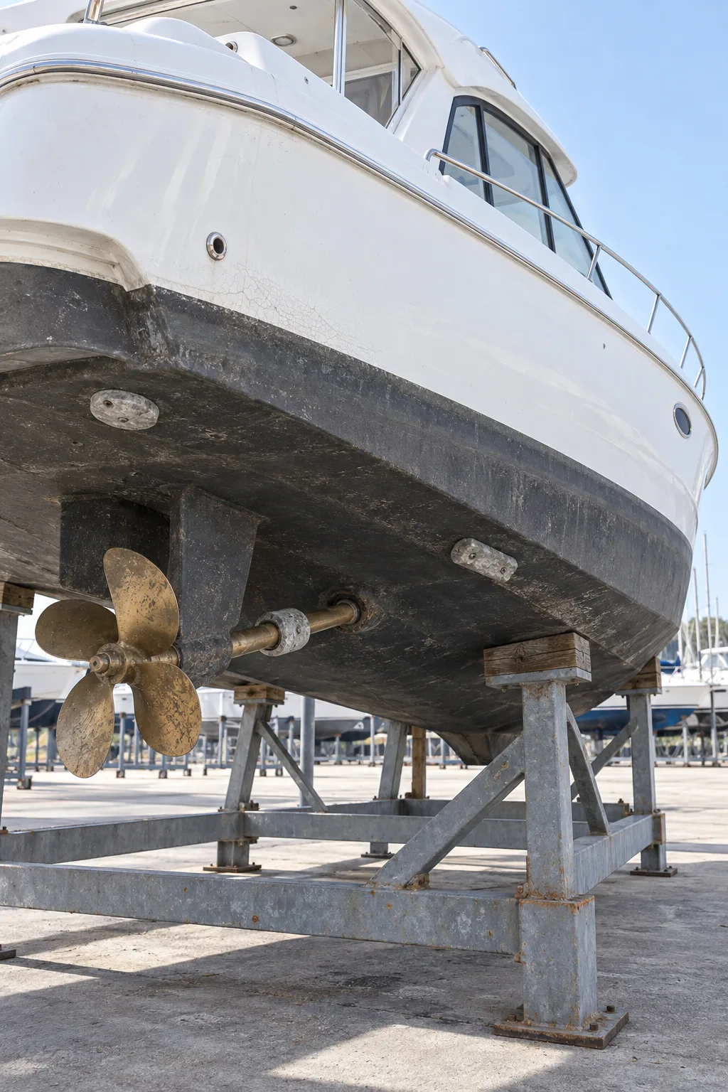 The underside of the Bay 12 cruiser on her cradle: antifouling, the propeller shaft and the anodes.