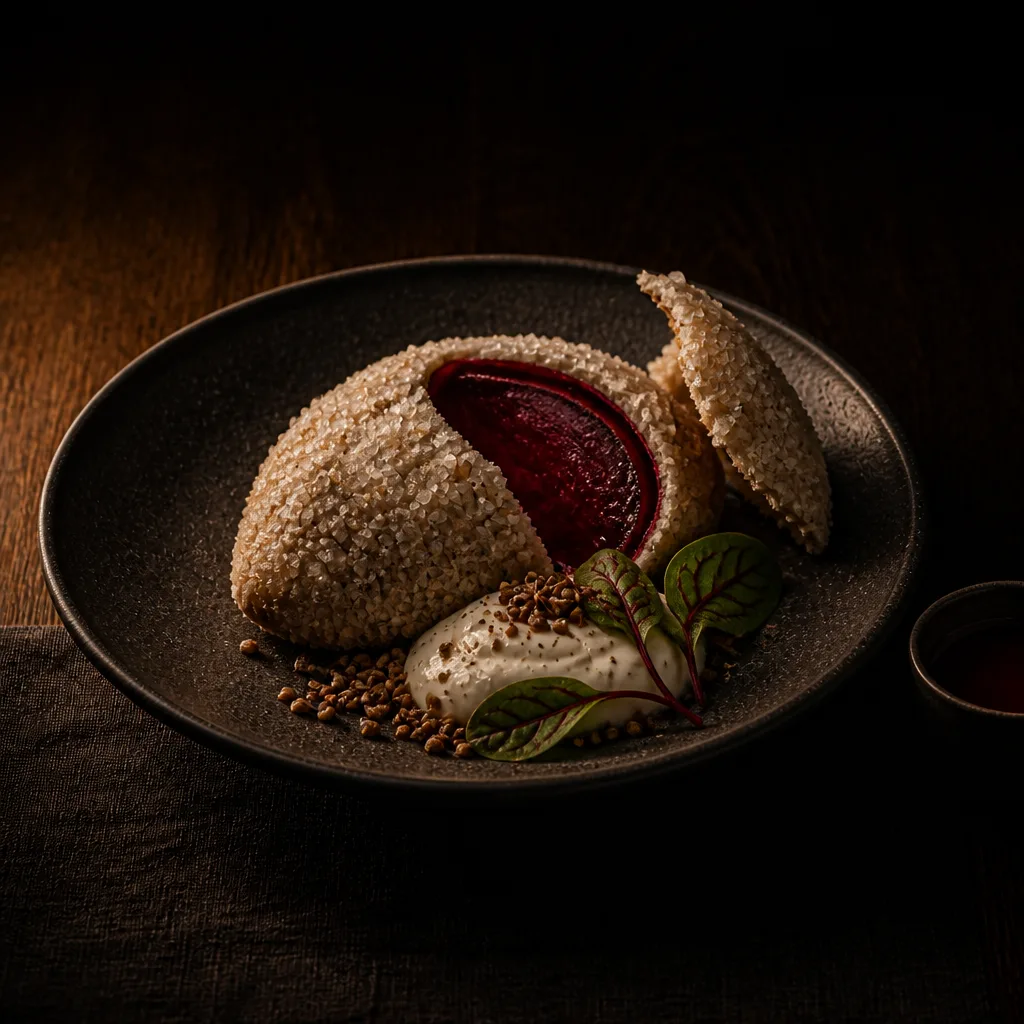 A beetroot in a cracked salt crust, one shard lifted to show the crimson inside, with labneh and small leaves.