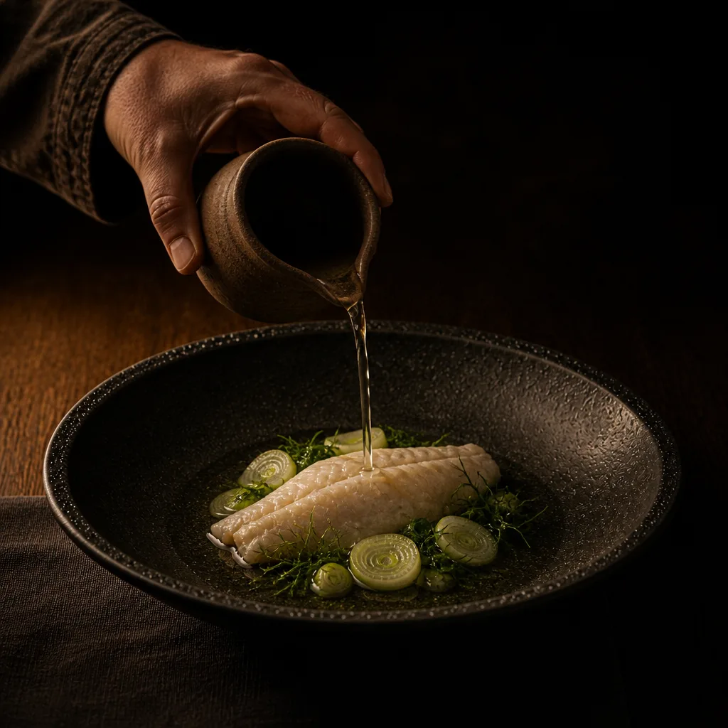 A hand pours clear broth from a clay pot over a whiting fillet in a shallow dark bowl.