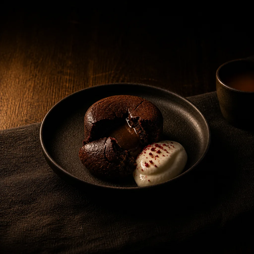 A small dark chocolate pudding broken open to its soft centre, with cultured cream and crushed pepperberry.