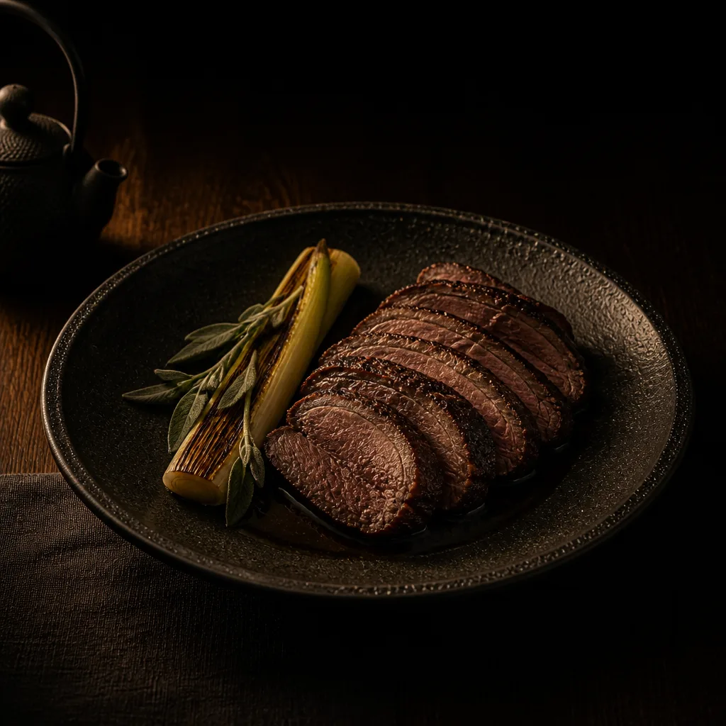 Slices of slow-cooked lamb shoulder with charred leek and saltbush, beside a small iron teapot in silhouette.