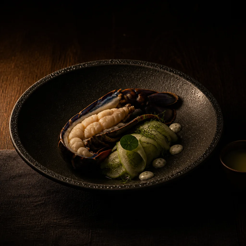 A chilled marron split in its shell with cucumber and pepperleaf, in a dark bowl beaded with water, lit from the left.