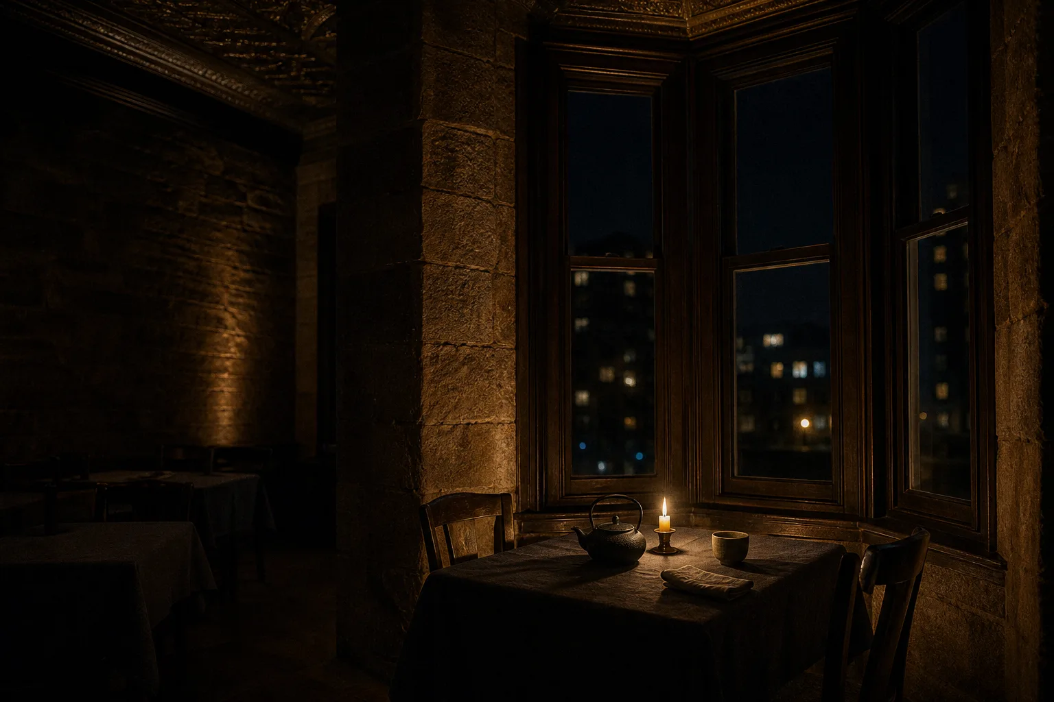 A single table laid in the bay of a tall window at night, lit by one candle: a black iron teapot and a tea bowl on a dark cloth.
