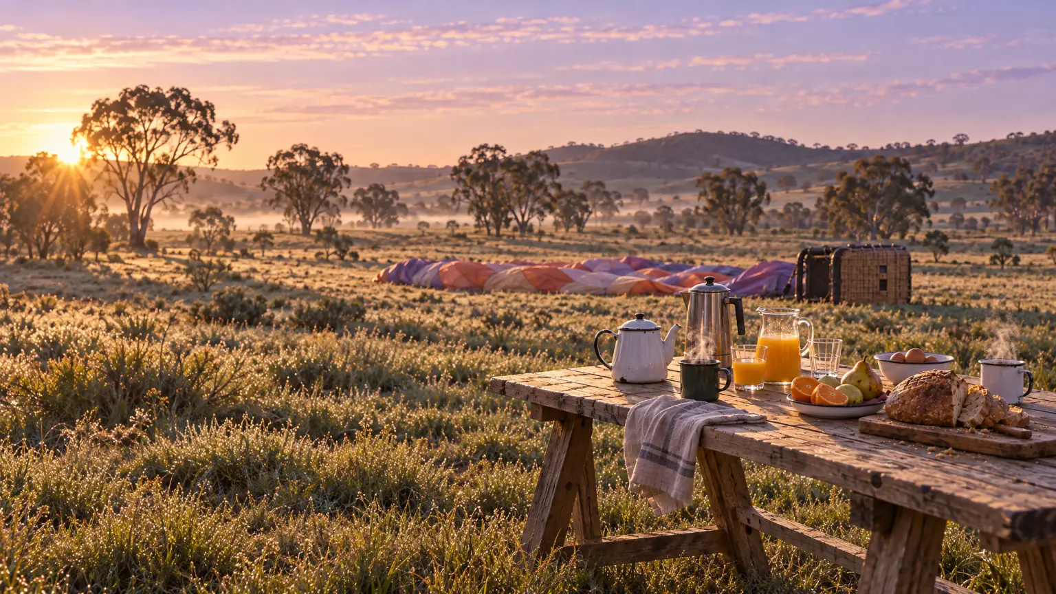 Tea, coffee, juice, bread, eggs and fruit on a trestle table at the edge of a dewy paddock at sunrise, the basket and the folded-down envelope lying on the grass behind