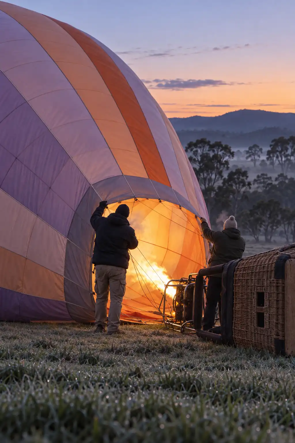 Before sunrise, two crew hold the mouth of a half-filled lavender and peach balloon envelope open as the burner lights it from inside