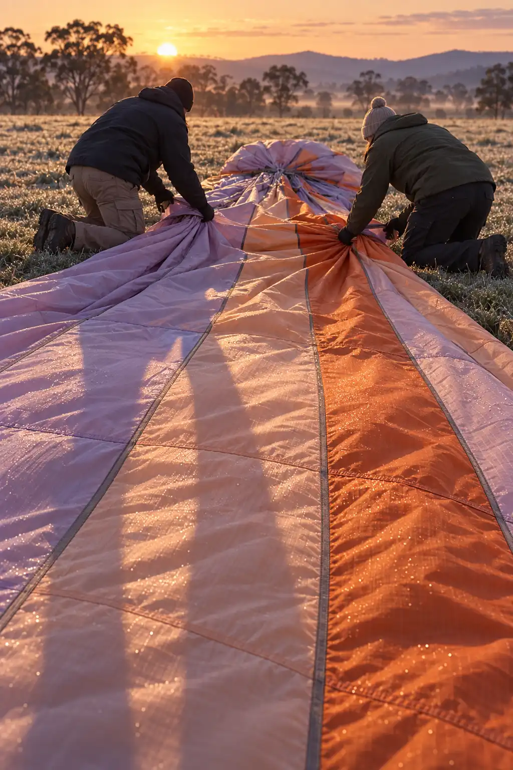 Gloved hands fold the long lavender and peach panels of the envelope on the wet grass after landing