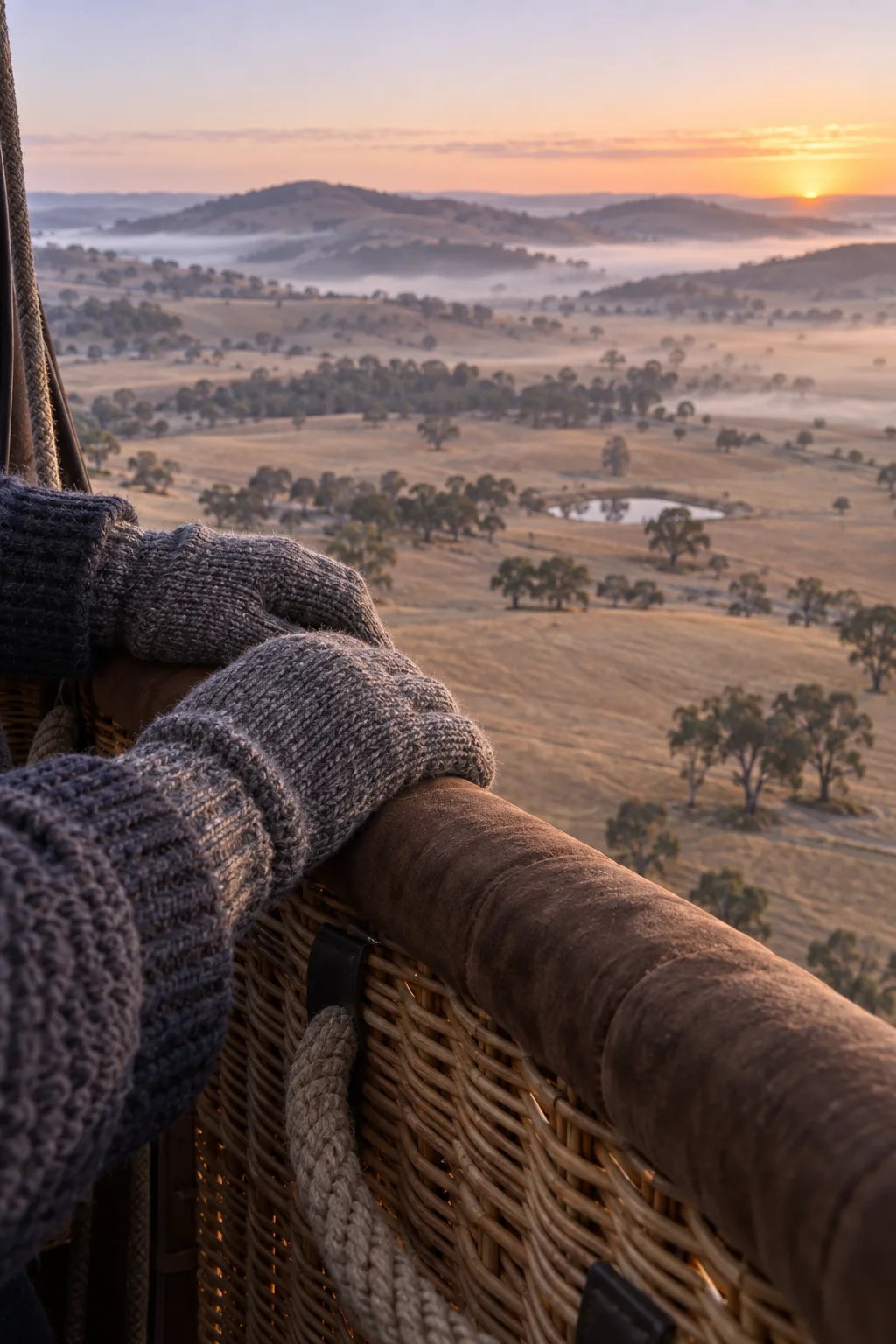 Gloved hands on the padded wicker rim of the basket, misty farmland far below