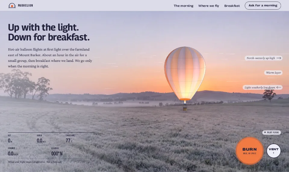 The front page: a balloon rising side-on over a frosted paddock at first light, the headline in the sky beside it