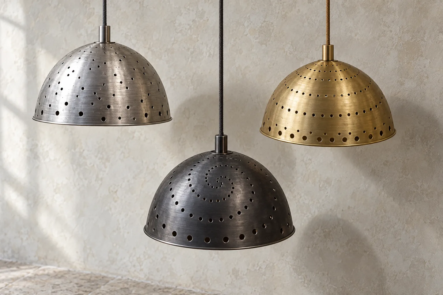 Three pierced spun shades against a lime-washed wall: raw steel, blackened steel and spun brass