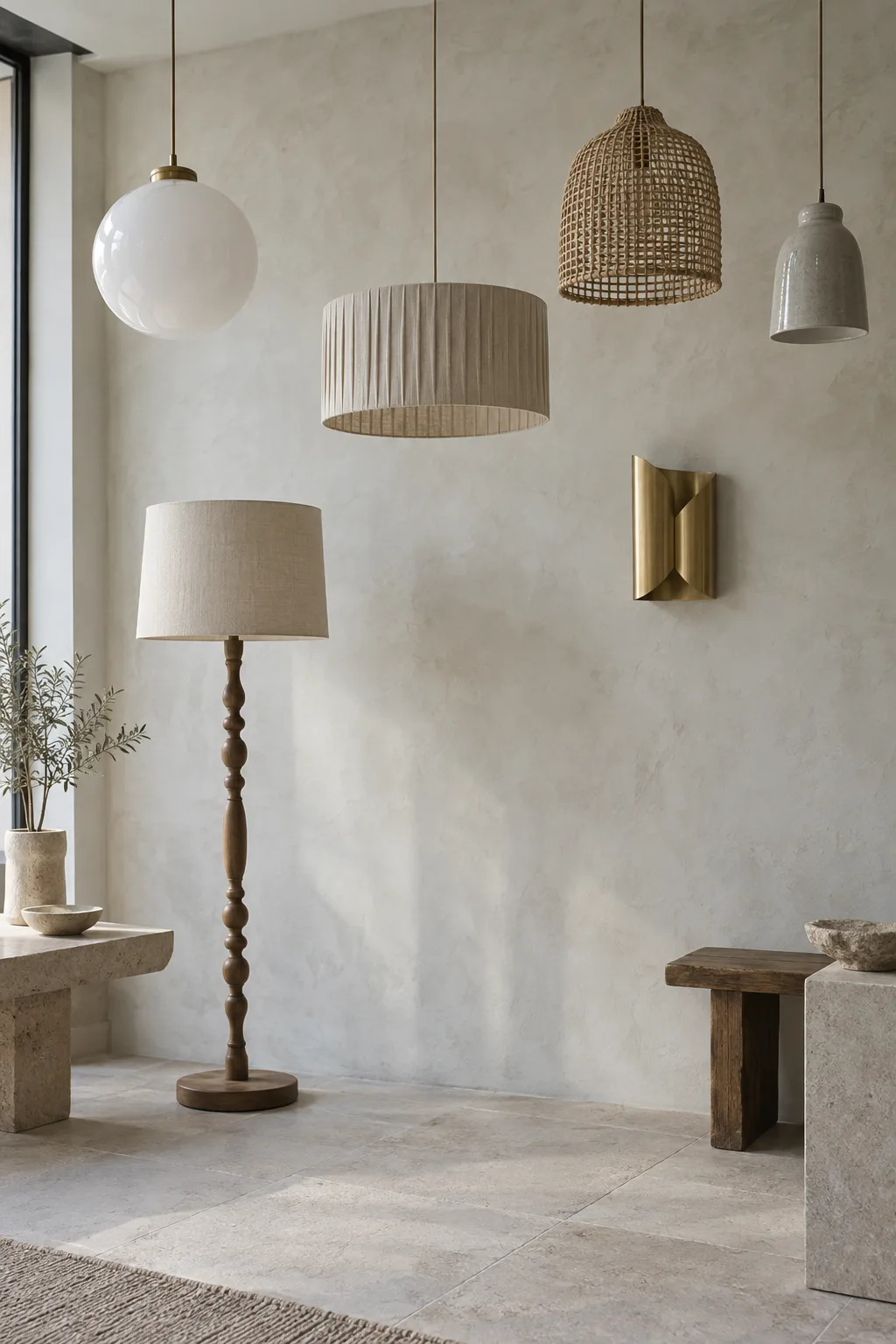 Handmade pendants of glass, linen, cane and clay, a folded brass wall light and a turned timber floor lamp against a lime-washed showroom wall
