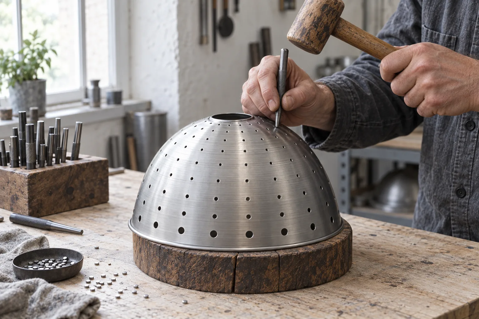 Hands holding a steel punch against an upturned spun steel shade on a timber block by a daylit window, the holes growing larger toward the rim