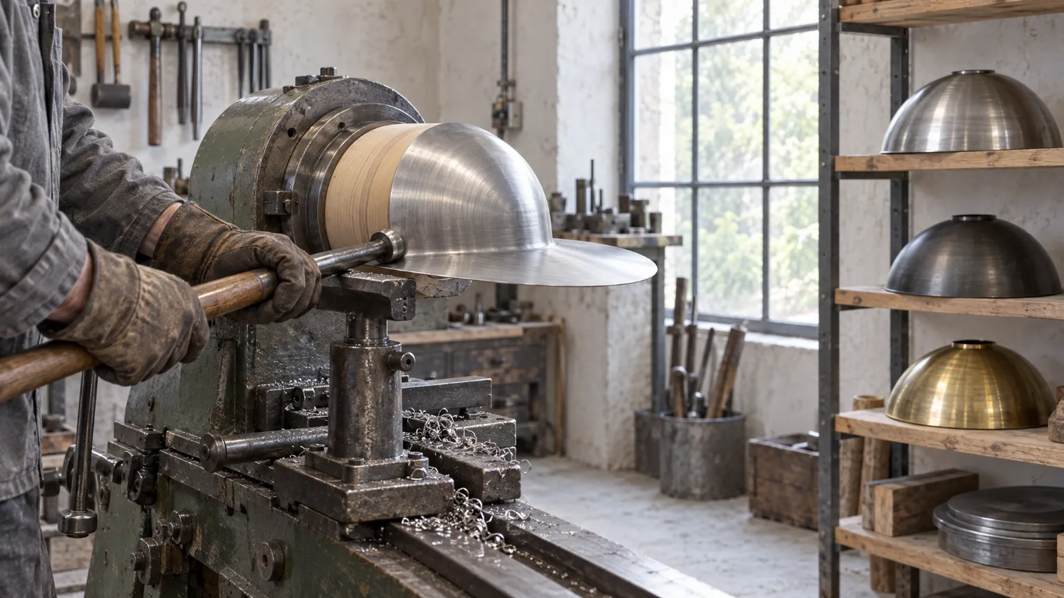 The spinning lathe in the daylit workshop behind the shop, a steel disc half spun over its timber form, finished shades on the shelves behind