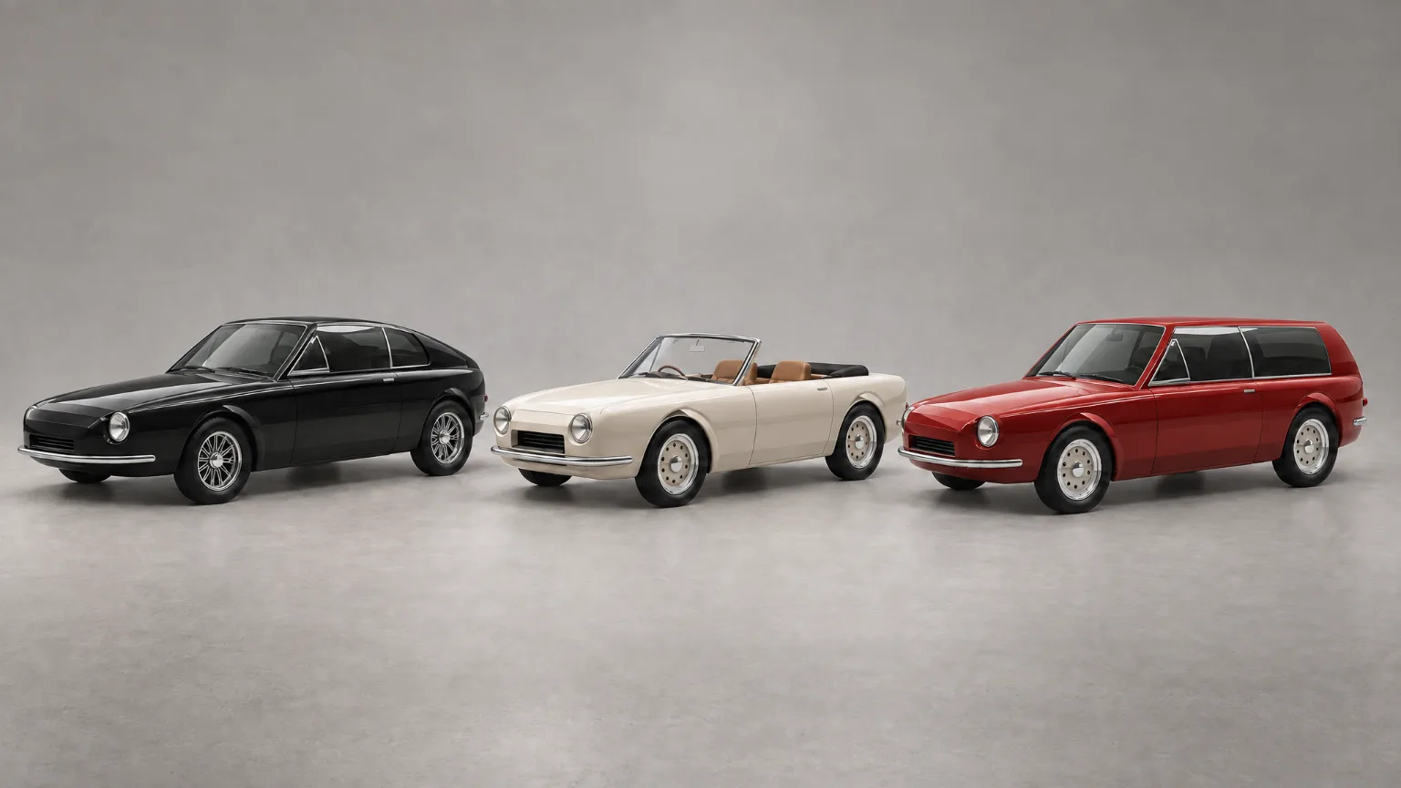 Three cars side by side on a grey studio cove: a near-black fastback, an ivory roadster and an oxide-red shooting brake
