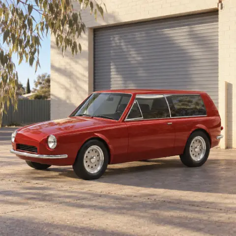 The oxide-red shooting brake on the forecourt in front of a cream-brick wall, early morning