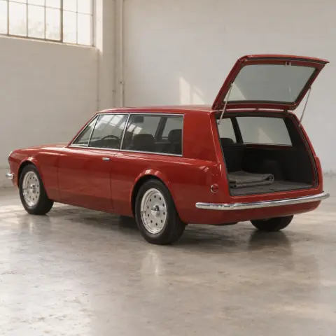 The shooting brake from behind, its glass tailgate lifted, a folded blanket on the load floor