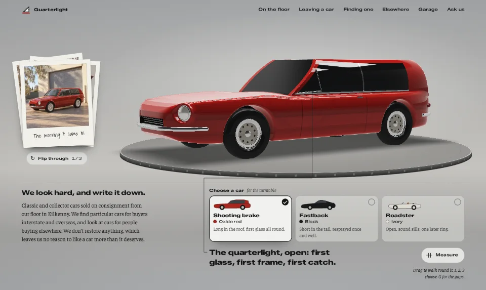 The front page: an oxide-red shooting brake on a turntable in a grey studio cove, a stack of instant photographs of it on the left, three cars to choose from beneath it