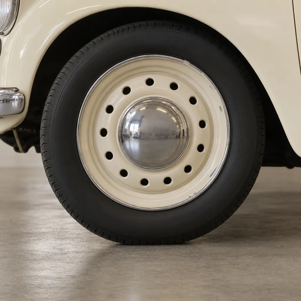 The roadster's ivory steel wheel, its later chrome ring and the small scratches where it was levered on