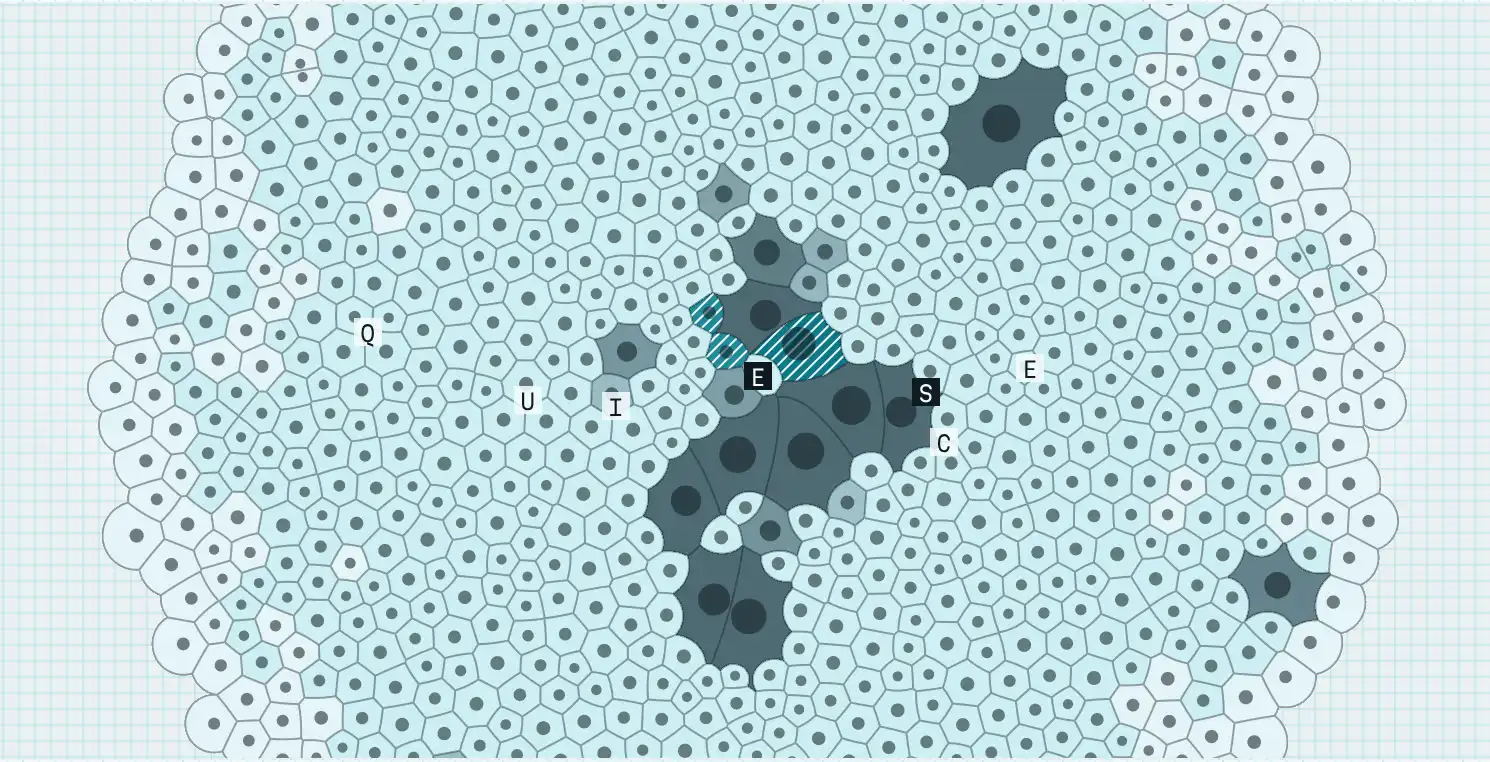 Figure 1a as a still, midway on its clock: a sheet of pale cells on grid paper, the first large, dark stopped cells in the middle, and a few stained cells hatched in blue near the centre