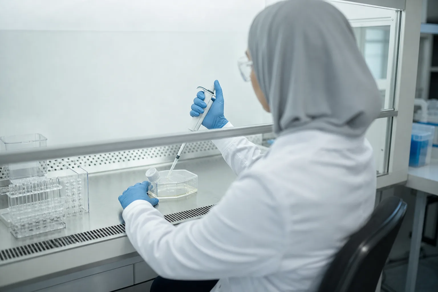A researcher in a grey hijab, lab coat and gloves works with a pipette inside a biosafety cabinet.
