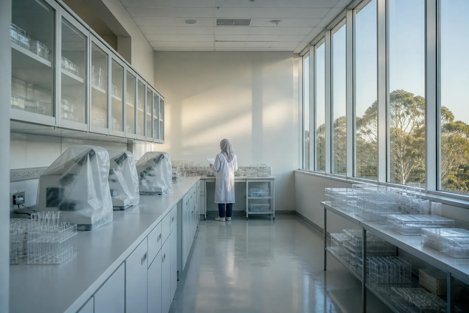 A long white laboratory bench in morning light, one researcher in a hijab reading at the far end.