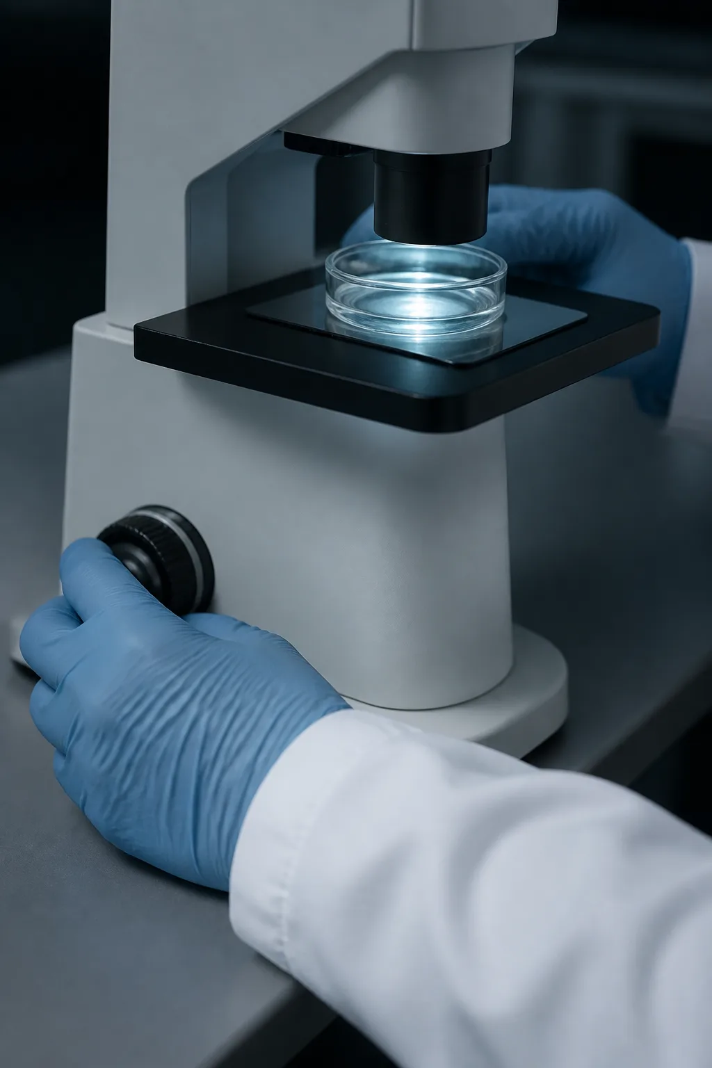 Gloved hands turn the focus knob of a microscope, a small clear dish lit from below on its stage.