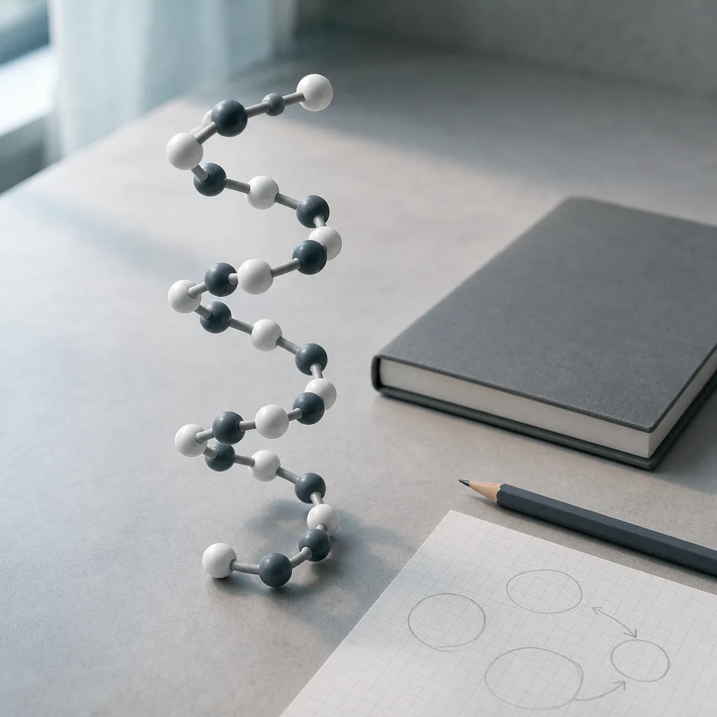 A ball-and-stick model of a helix on a desk beside grid paper sketched with circles.