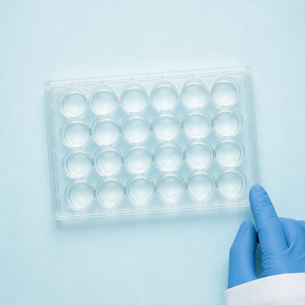A clear culture plate of small round wells glowing on a light box, a gloved fingertip at its edge.