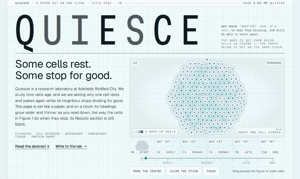 Quiesce's front page: the name in a thin wide monospace over a live figure of a sheet of cells on grid paper