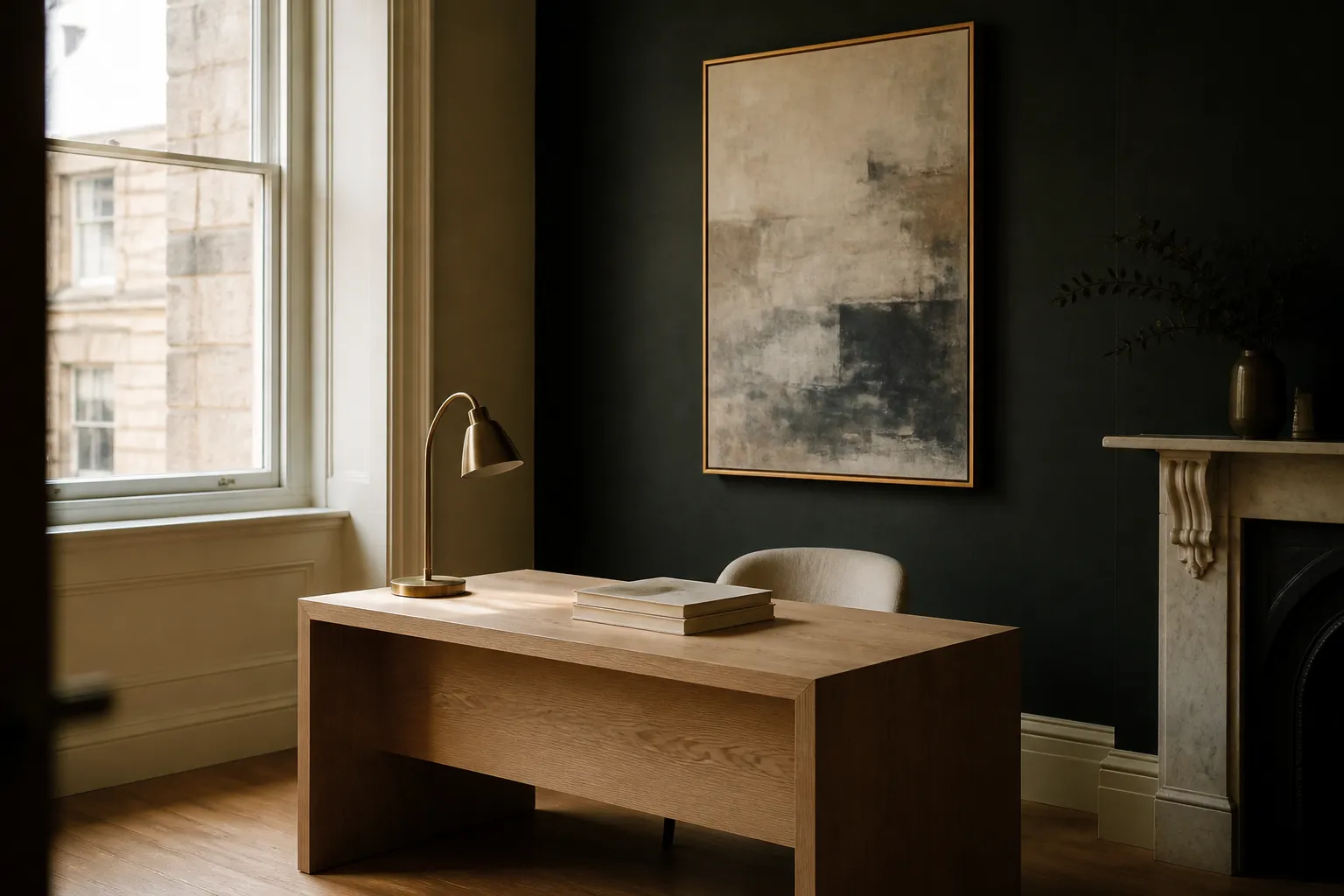 A quiet office with a pale oak desk, a brass lamp and a linen chair against a deep green wall, lit by a tall sash window