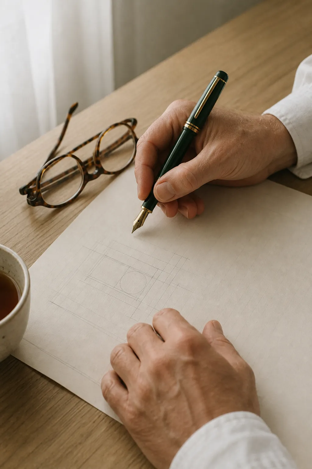 Hands holding a green fountain pen over a pencilled plan on cream paper, with reading glasses and a cup of tea on an oak desk