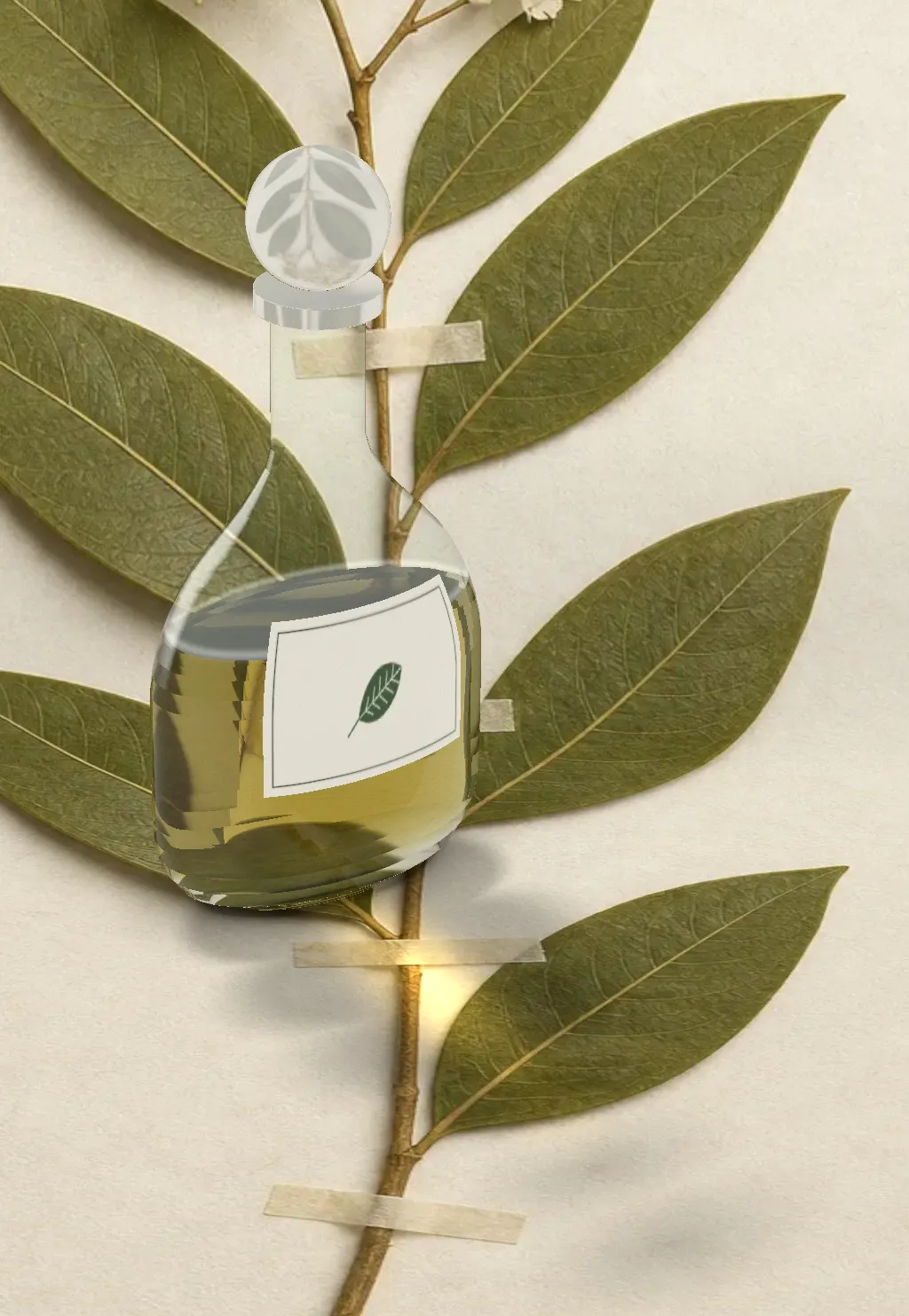 A flat oval glass bottle of pale gold-green face oil standing on a pressed lemon myrtle sheet, a small pool of light on the paper beside it.