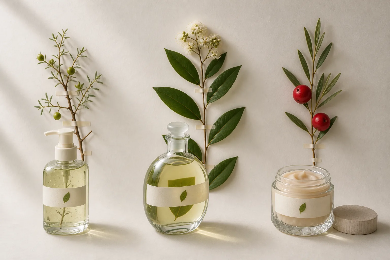 The range: a pump bottle of pale gel, a flat oval bottle of gold-green face oil and a faceted jar of apricot balm, each on a pressed-plant sheet.