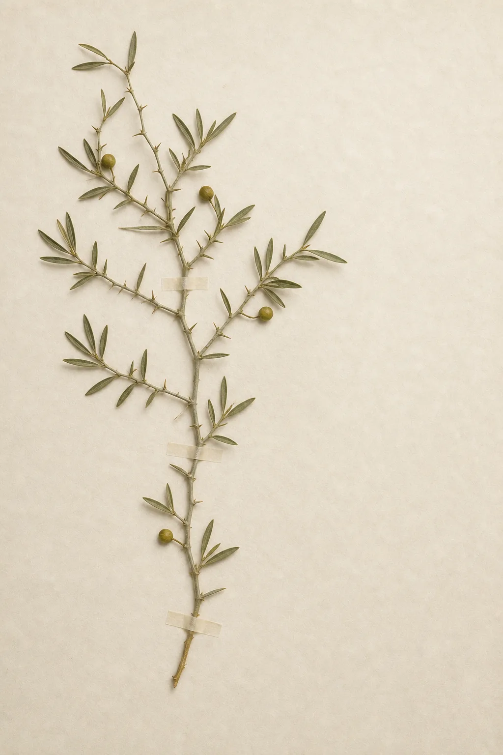 Herbarium sheet H-04: a pressed desert lime twig with fine thorns, narrow grey-green leaves and four small round fruits.