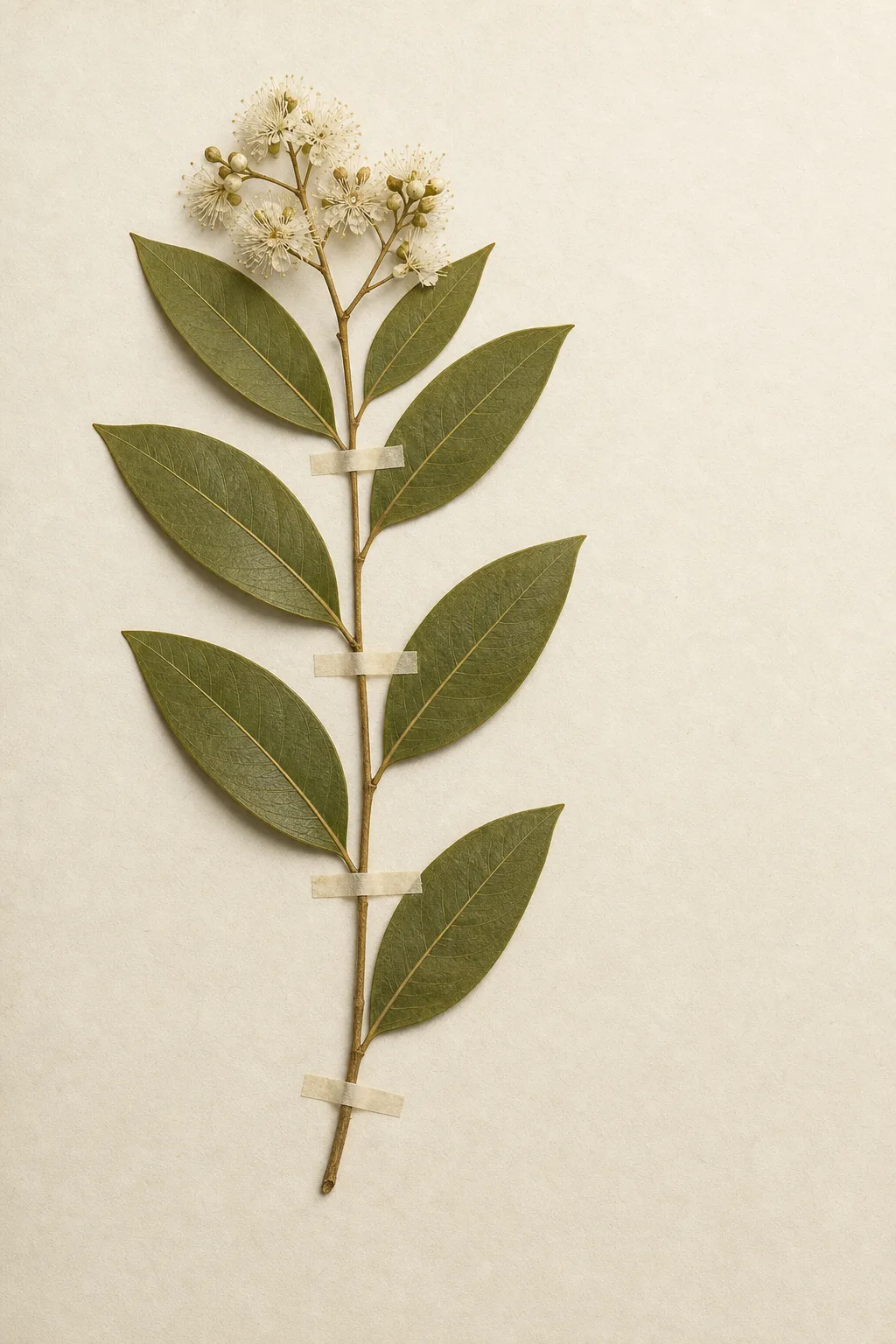 Herbarium sheet H-01: a pressed sprig of lemon myrtle with a spray of cream flowers, taped to cream paper.