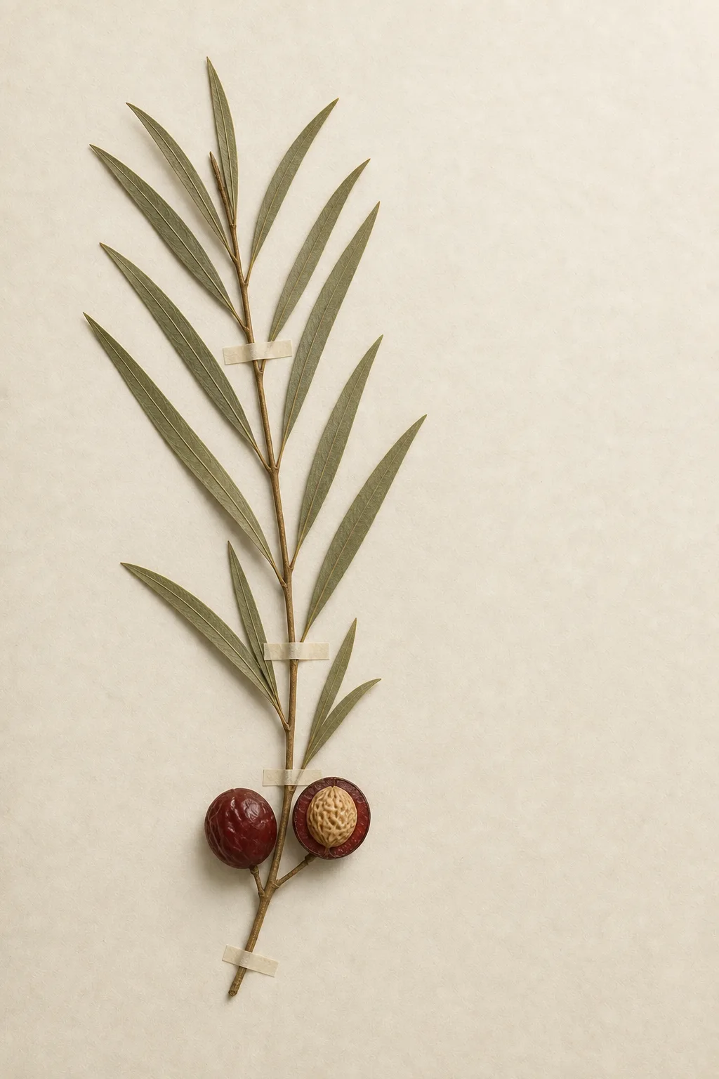 Herbarium sheet H-03: a pressed quandong twig with narrow grey-green leaves and two deep red fruits, one halved to show its stone.