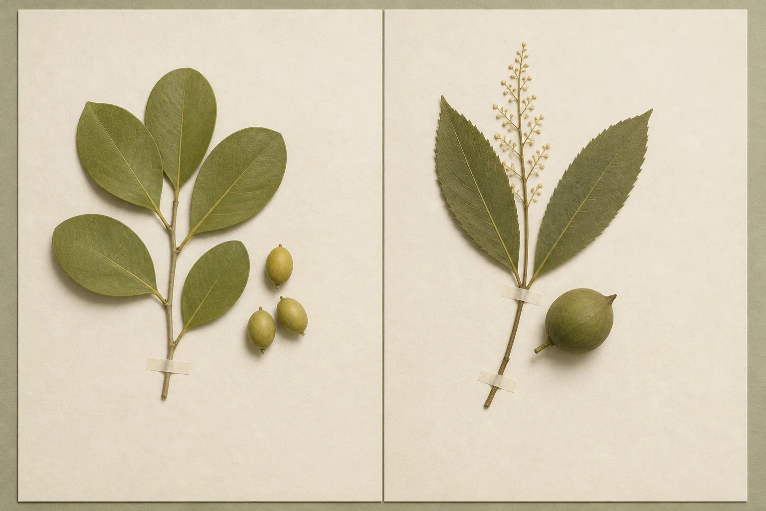 Herbarium sheet H-02: a pressed Kakadu plum branch with broad oval leaves and three small pale fruits.