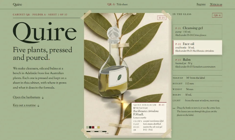 Quire's front page: a glass face-oil bottle on a pressed lemon myrtle sheet, laid on a sage cabinet
