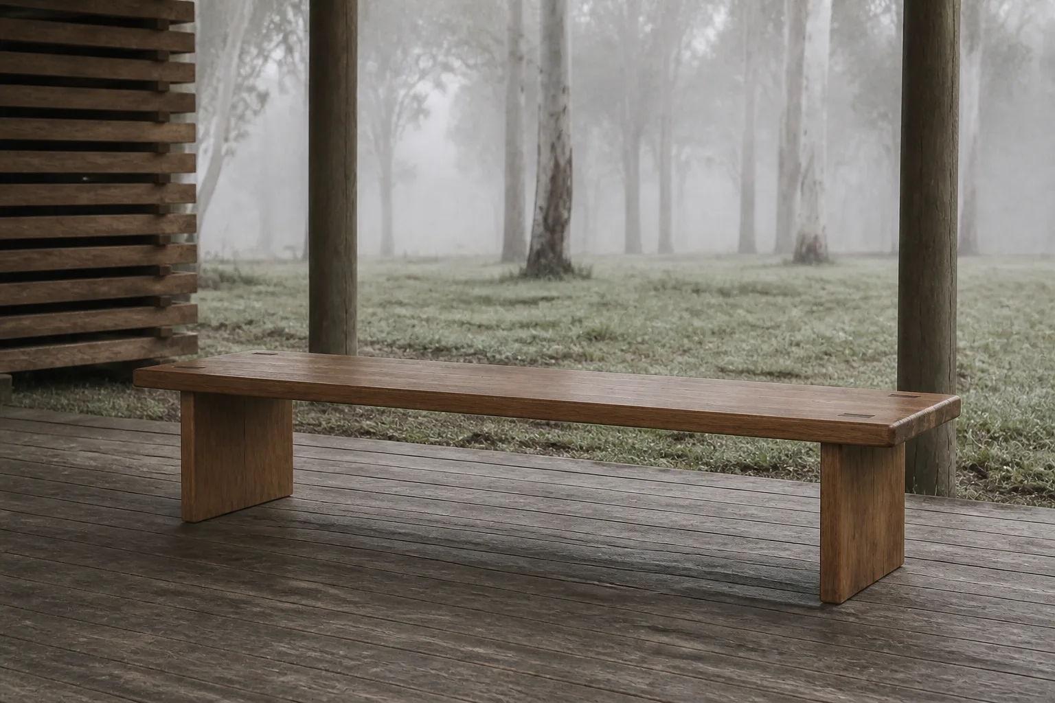 A long spotted gum bench with a one-board seat and wedged through-tenons, on the shed's deck with the drying stack and misty gums behind.