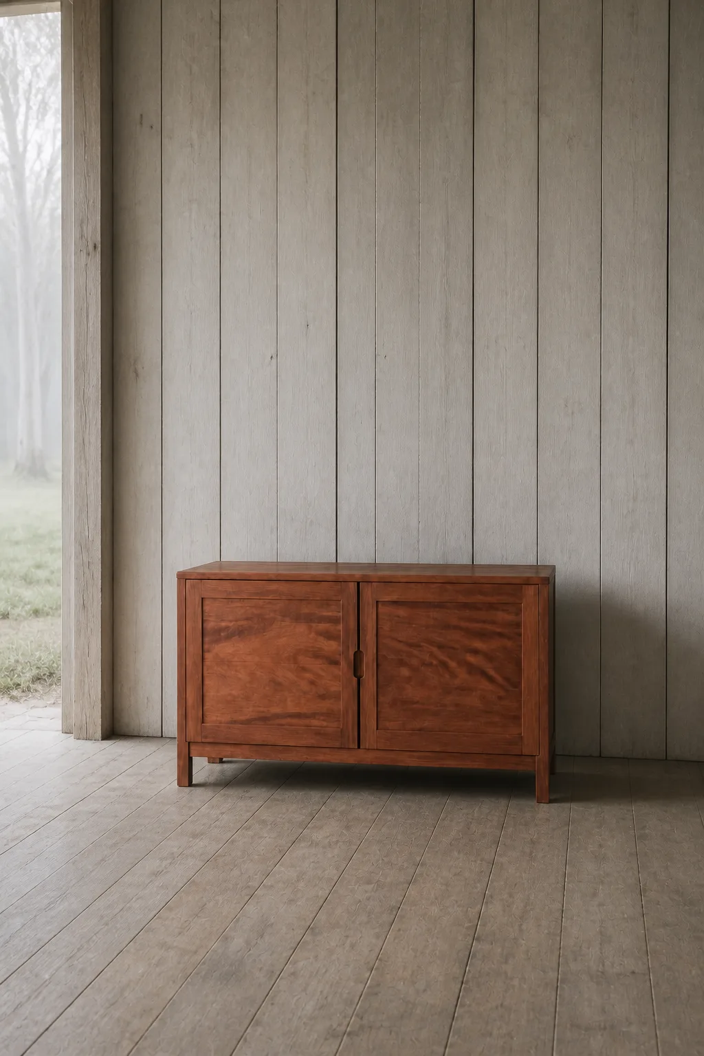 A low two-door cabinet in river red gum on short legs, with finger pulls cut into the door edges, against the workshop's board wall.