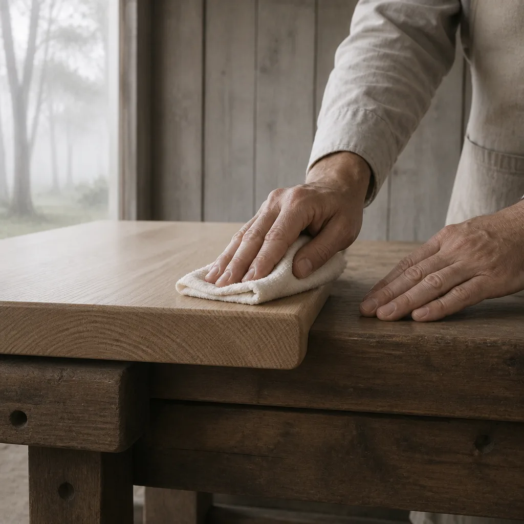 The end grain of a table top at its rounded corner, the growth rings showing as arcs.