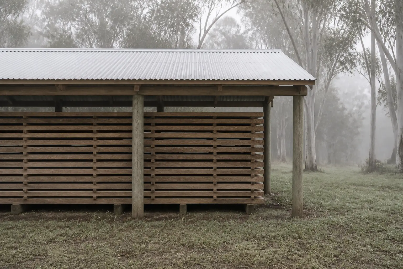 Rough-sawn boards stacked with thin sticks between the layers under an open shed roof, mist and pale gum trees beyond.