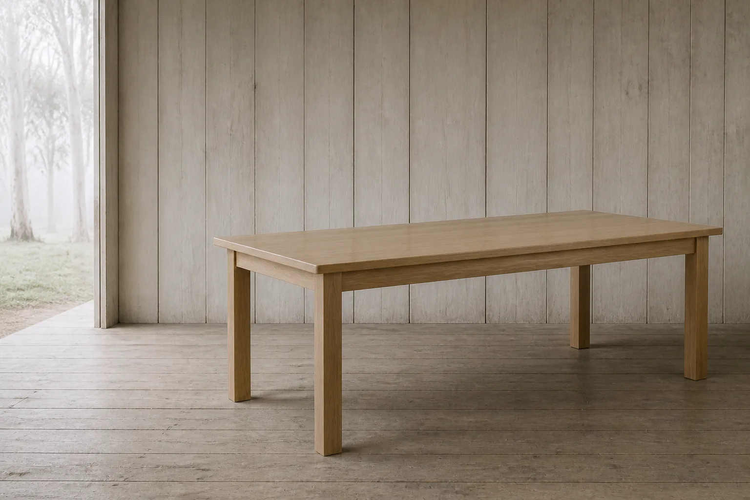 A Tasmanian oak dining table with a softly rounded edge, alone in a pale room, lit from a window on the left.