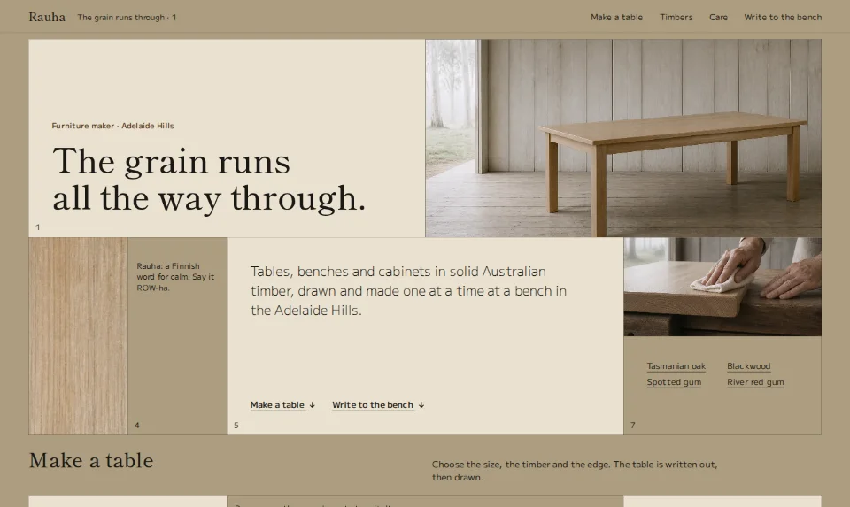 Rauha's front page: a floor of butting 1:2 mats on a hemp-oat ground, a washi mat holding 'The grain runs all the way through' beside a Tasmanian oak table, with timber boards and end grain set into the mats below